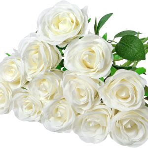 12 roses artificielles blanches en soie - visuel produit