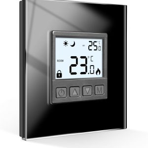 CNBINGO Thermostat d'Ambiance Numérique Encastré pour Chauffage au Sol et Chauffe-eau, Cadre en Verre Noir