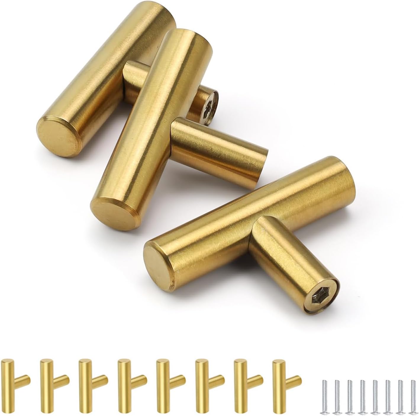 Pomos de puerta 8 piezas en acero inoxidable dorado – Tiradores modernos para muebles de cocina en forma de T