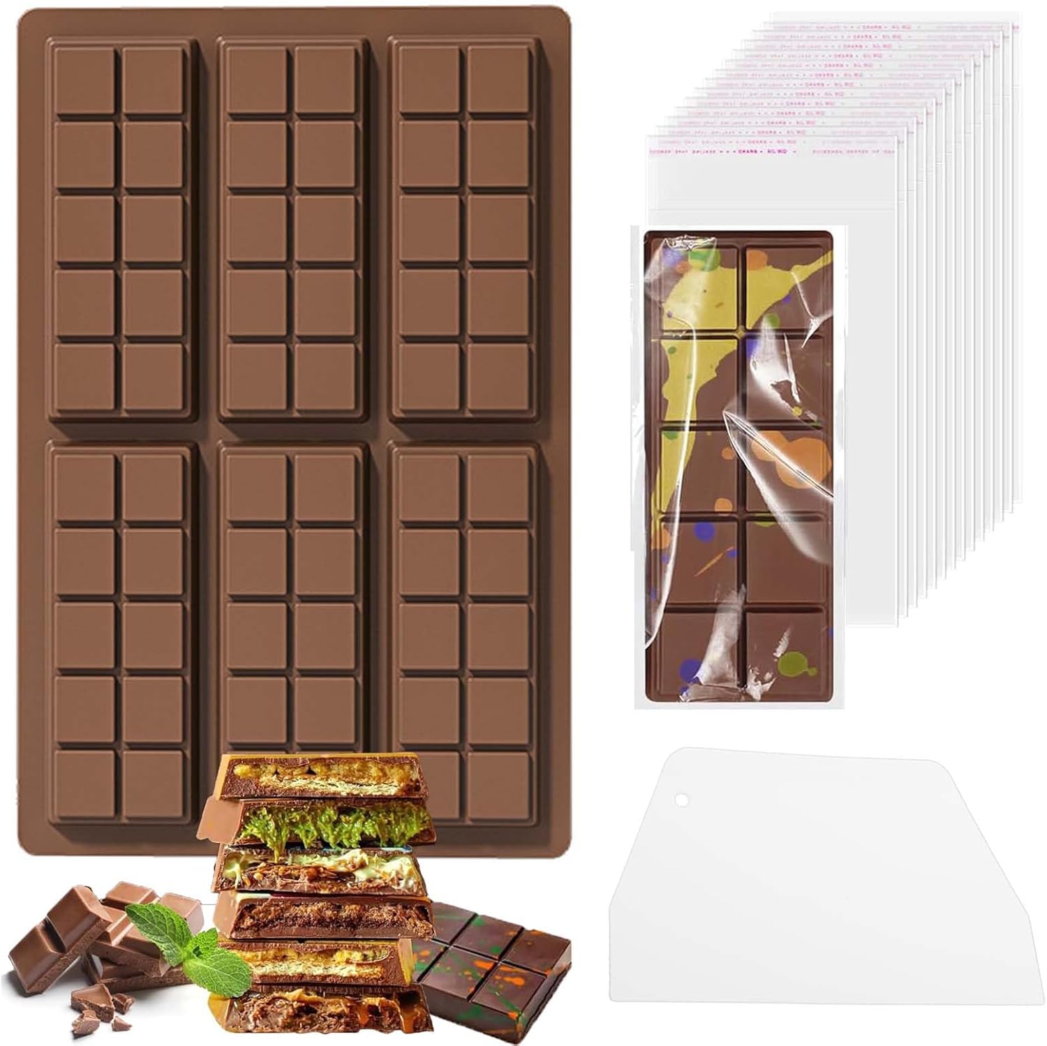 Molde para Barra de Chocolate de Silicona Antiadherente – Set con Raspador y Bolsas de Plástico, Resistente
