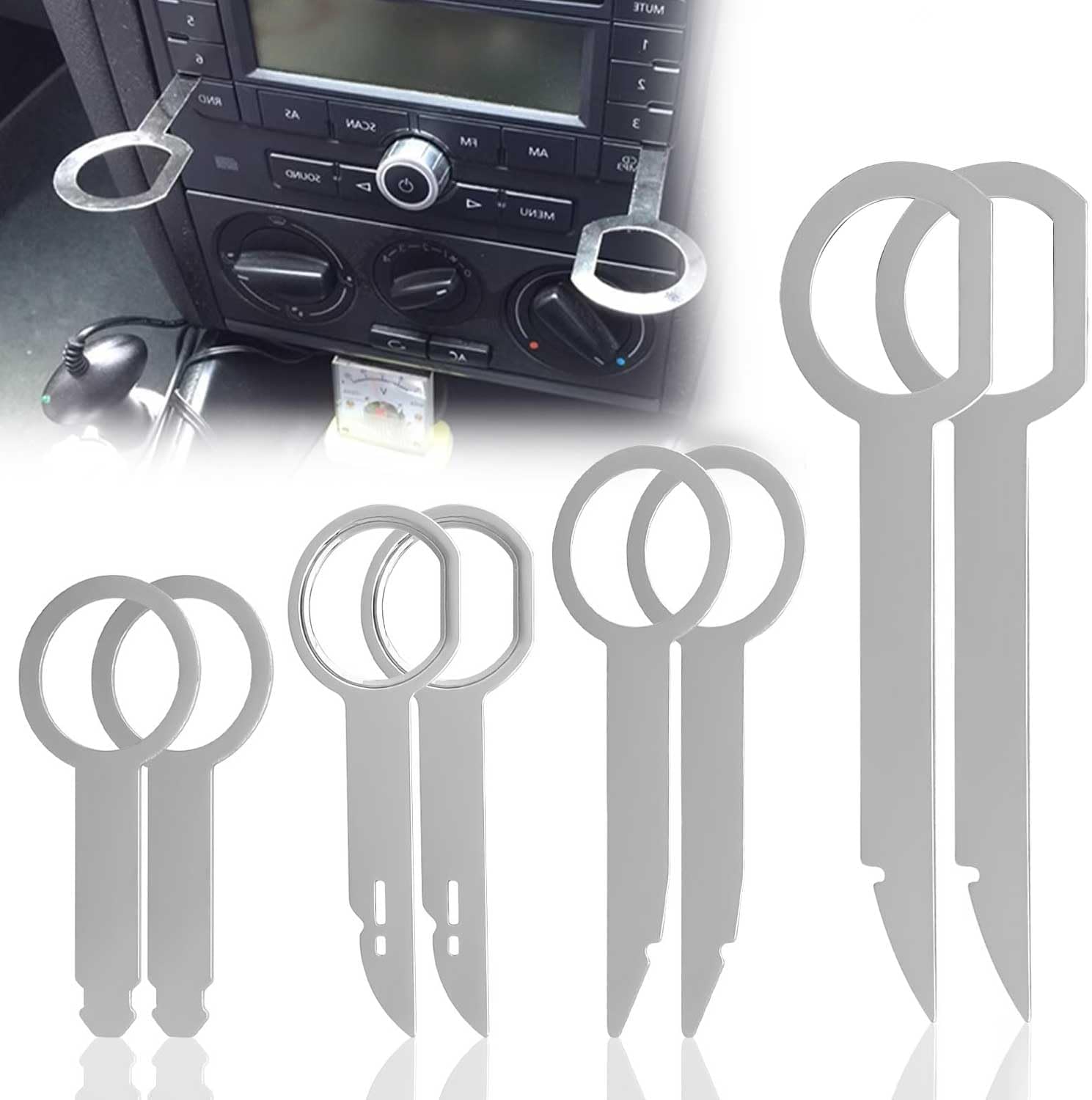 Llave de radio de coche 8 piezas en acero inoxidable – Herramientas de desmontaje para radios de coche y aires acondicionados