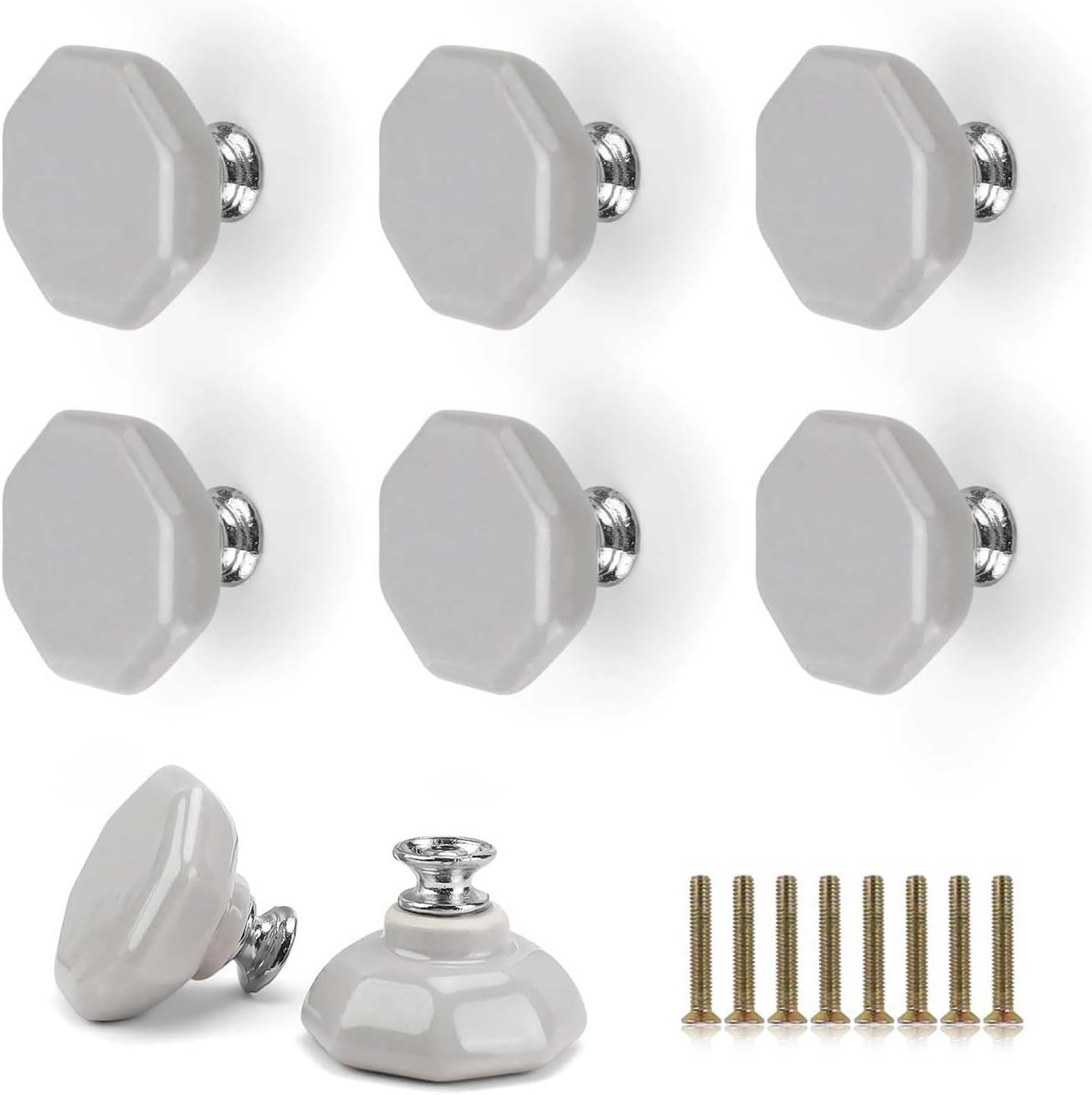 8 pomos hexagonales de porcelana gris para muebles con tornillos, tiradores para cajones, armarios y puertos