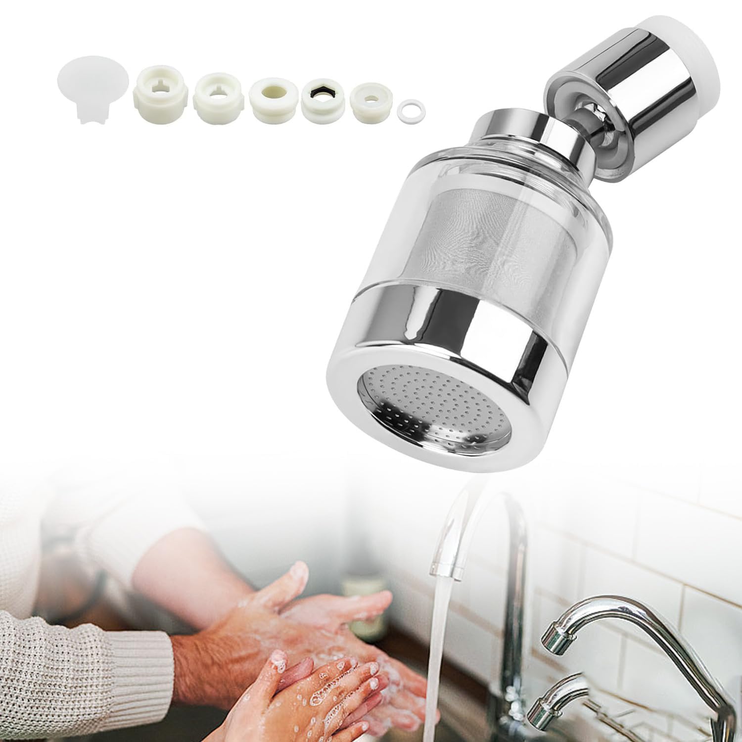 Filtro de grifo de acero inoxidable con rotación 360 grados y diseño transparente