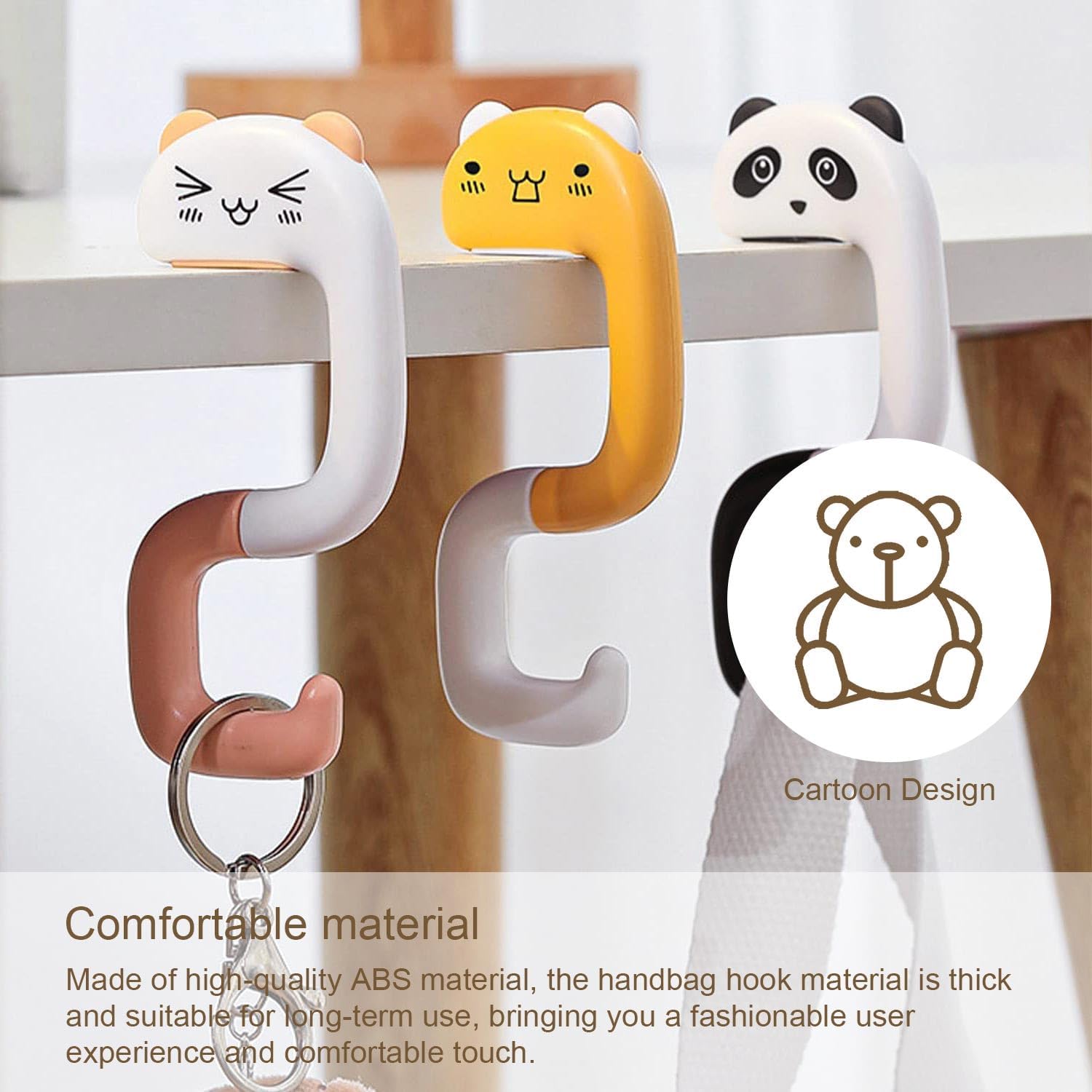 HJIAMA 4-teiliger faltbarer Taschenhaken – rutschfest, 360° drehbar, Cartoon-Formen, Taschenhalter – Bild 3