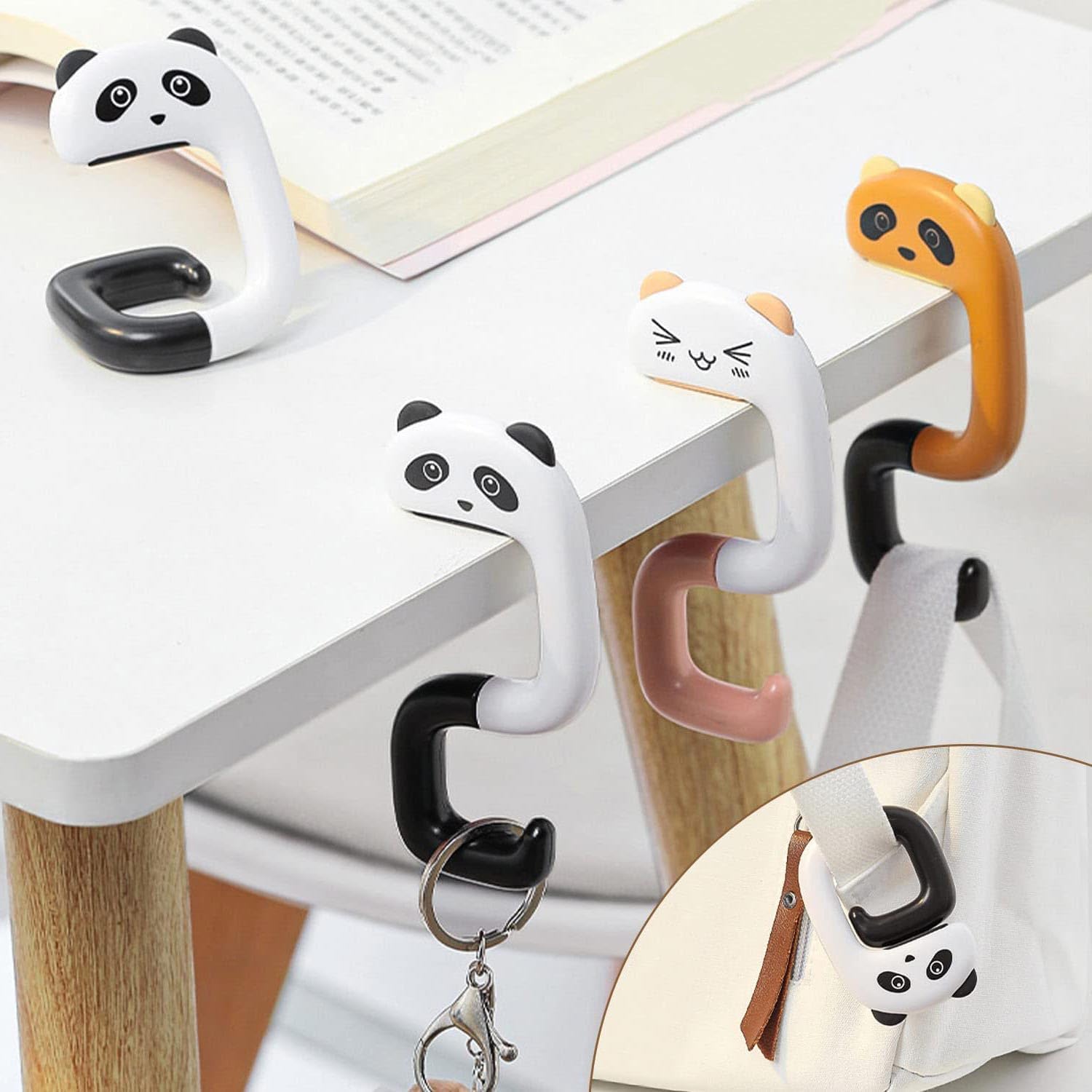 HJIAMA 4-teiliger faltbarer Taschenhaken – rutschfest, 360° drehbar, Cartoon-Formen, Taschenhalter – Bild 5