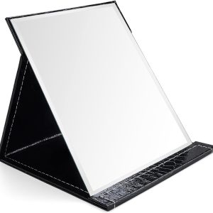 P000719-image_01 Petit miroir de maquillage de voyage pliable noir en cuir PU, miroir HD ultra clair, support triangu - produit neuf issu de déstockage