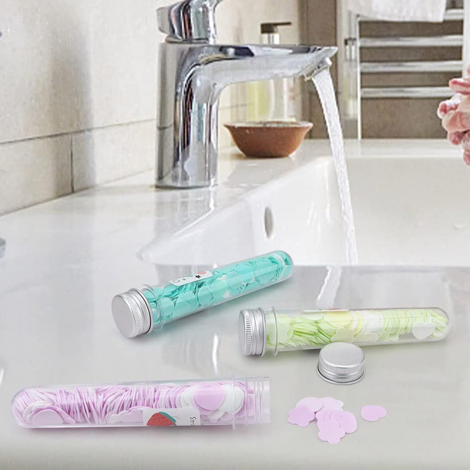 6 Pièces de Savon en Papier HJIAMA avec Bac Anti-Poussière - Mini Flocons de Savon Parfum Fraise pou - produit neuf issu de déstockage