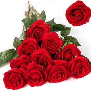 P000735-image_01 12 Roses Artificielles Rouges en Flanelle, 52 cm - Fleurs Décoratives pour Mariage, Maison et Bouque - produit neuf issu de déstockage