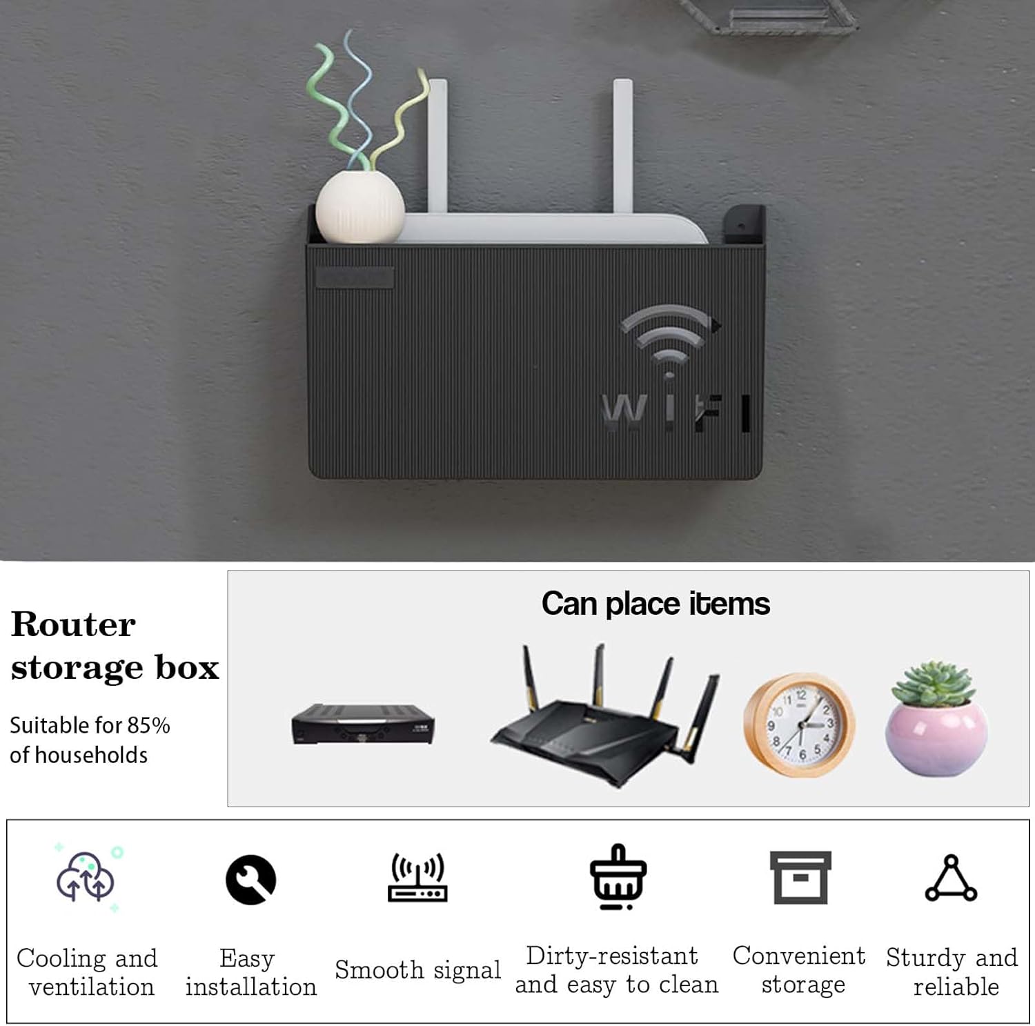 Cache Box Internet Mural Noir - Étagère Flottante de Rangement pour Routeur WiFi, Support Durable en - produit neuf issu de déstockage