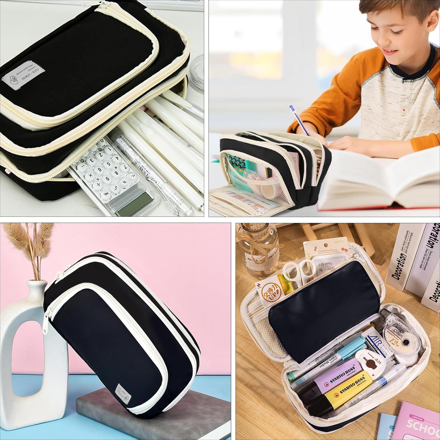 Trousse à Crayons Multifonctionnelle Grande Capacité avec 3 Compartiments – Trousse Scolaire en Tiss - produit neuf issu de déstockage