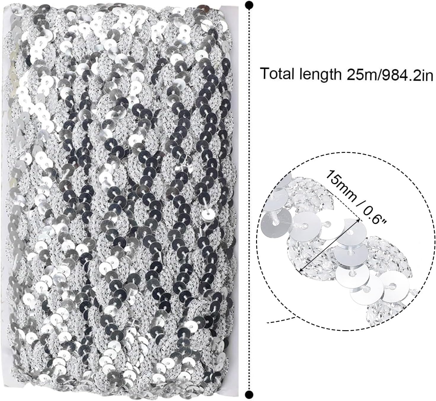 Ruban Pailleté Argenté 25 m x 15 mm pour Couture, DIY et Décoration de Fête - produit neuf issu de déstockage