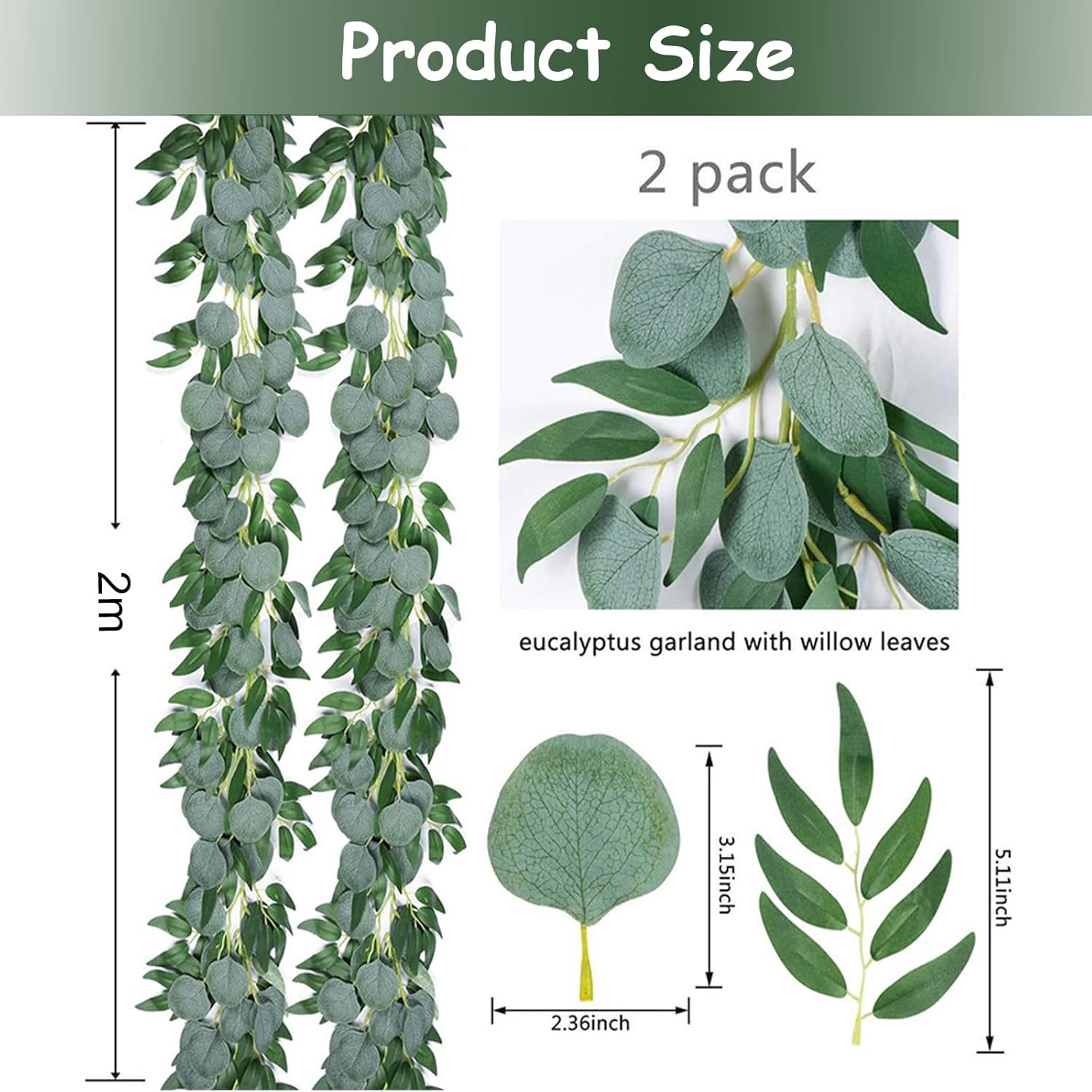 Guirlande Eucalyptus Artificiel 2 Pièces - 200 cm, Décoration Mariage et Jardin, Résistante et Étanc - produit neuf issu de déstockage