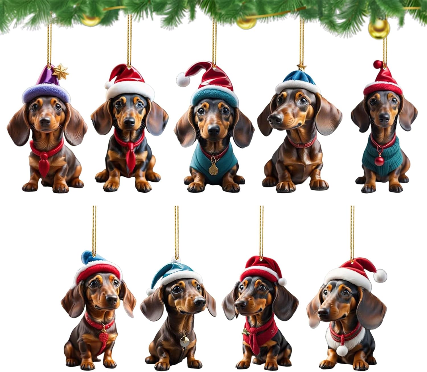 Decoración navideña 9 piezas – Coloridos colgantes acrílicos 2D de perro salchicha para árbol de Navidad, casa y coche