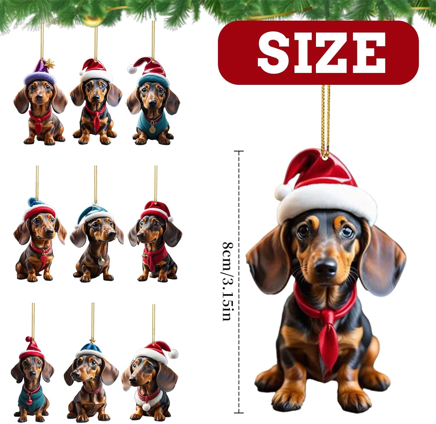 9-teilige Weihnachtsdekoration – bunte 2D-Acryl-Dackel-Anhänger für Baum, Haus und Auto – Bild 2