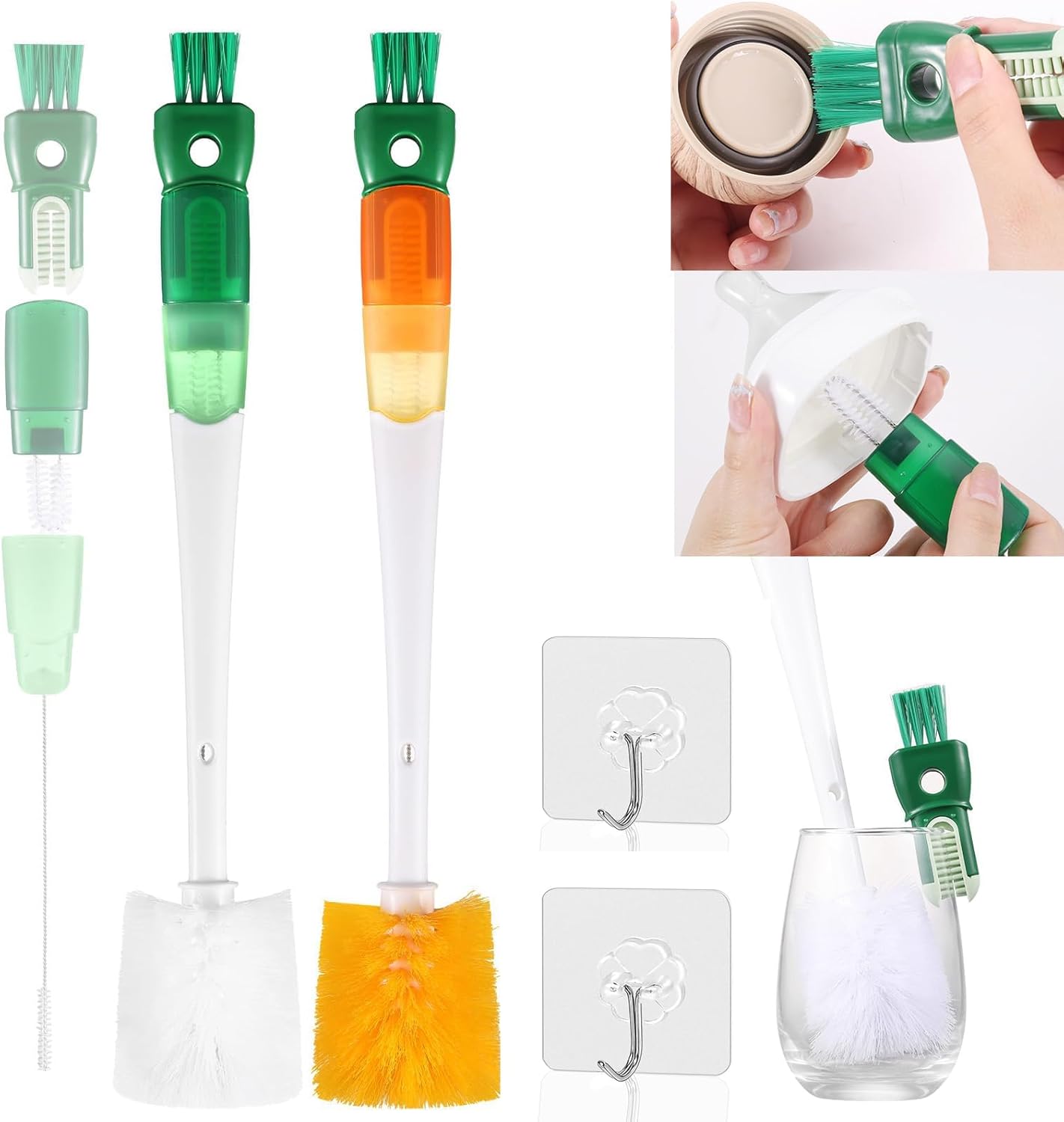 Wekuw Cepillo de limpieza para biberones 5 en 1, 2 piezas con ganchos, sin BPA, duradero y sin arañazos para