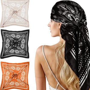 P000892-image_01 Foulard Carré Femme 3 Pièces 70x70 cm en Satin Soie Doux et Léger - Bandana Soyeux pour Fêtes, Festi - produit neuf issu de déstockage