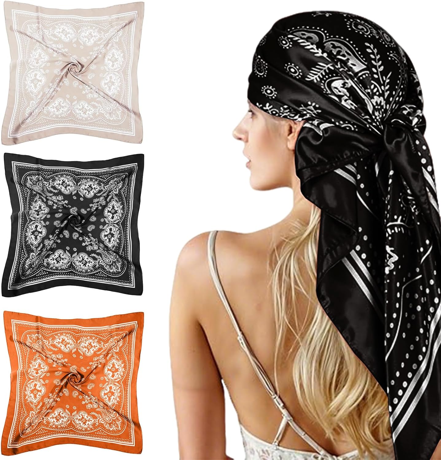 Pañuelo Cuadrado de Mujer 3 Piezas 70×70 cm en Satén de Seda Suave y Ligero – Bandana Sedosa para Fiestas, Festi