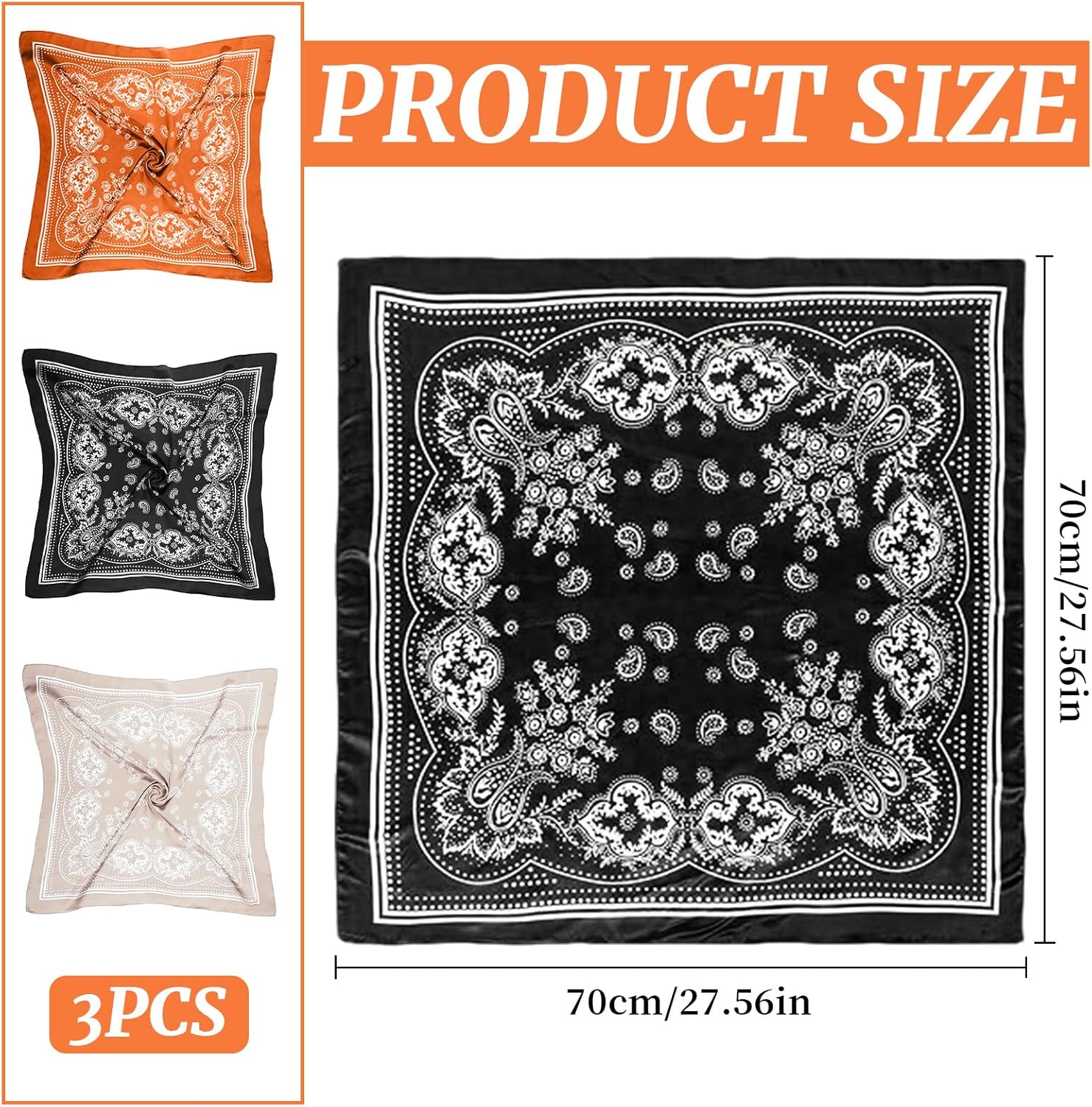 Quadratischer Schal für Damen, 3-teilig, 70 x 70 cm, aus weichem und leichtem Seidensatin – seidiges Bandana für Partys, Feste – Bild 2