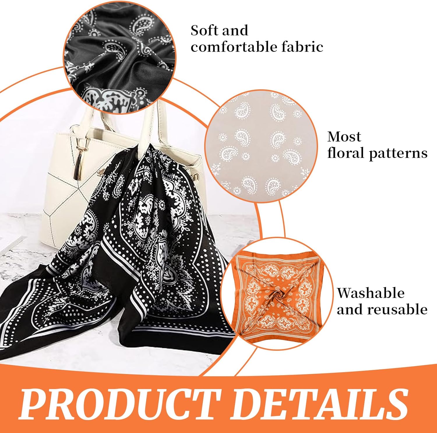 Quadratischer Schal für Damen, 3-teilig, 70 x 70 cm, aus weichem und leichtem Seidensatin – seidiges Bandana für Partys, Feste – Bild 3
