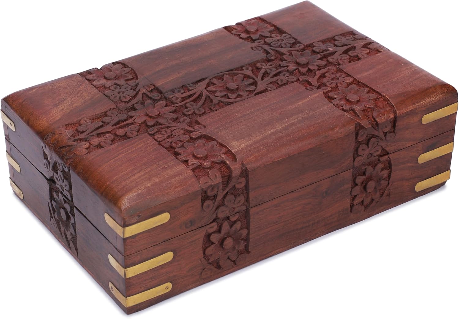 Ajuny caja de joyas en madera tallada con tapa decorativa