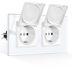 CNBINGO Prise double étanche Schuko encastrée avec couvercle à rabat - 16A 230V - Verre blanc