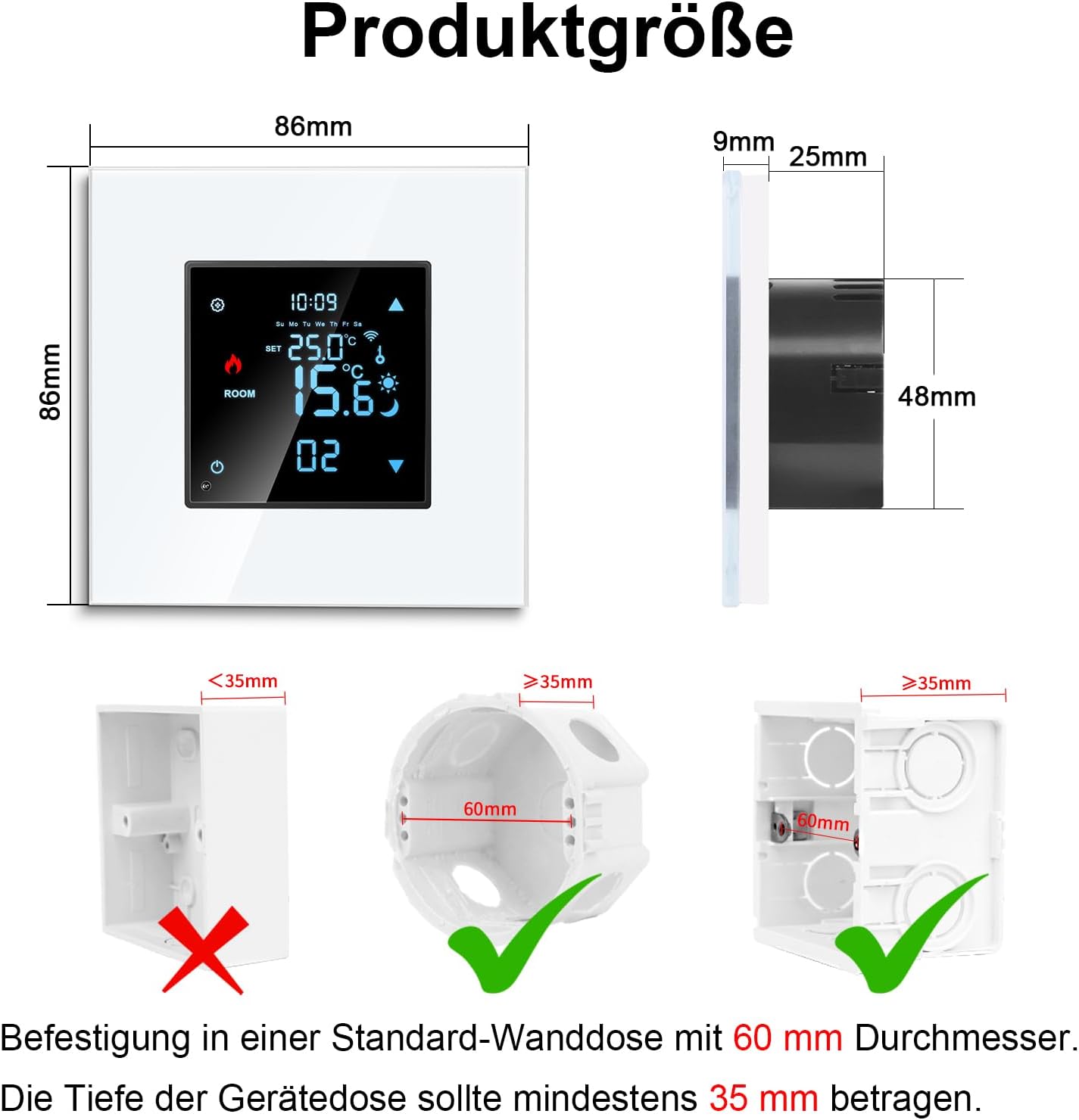 CNBINGO WLAN-Smart-Einbauthermostat mit Kristallglasfenster – Alexa- und Google Assistant-kompatibel – 16 A – Weiß – Funktionen