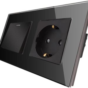 CNBINGO Interrupteur à bascule tactile 1 voie 10A 250V avec prise SCHUKO et plaque en verre noir