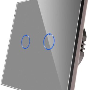 Interrupteur double variateur tactile CNBINGO pour LED, panneau verre gris, sans neutre, 2 voies 1 pôle