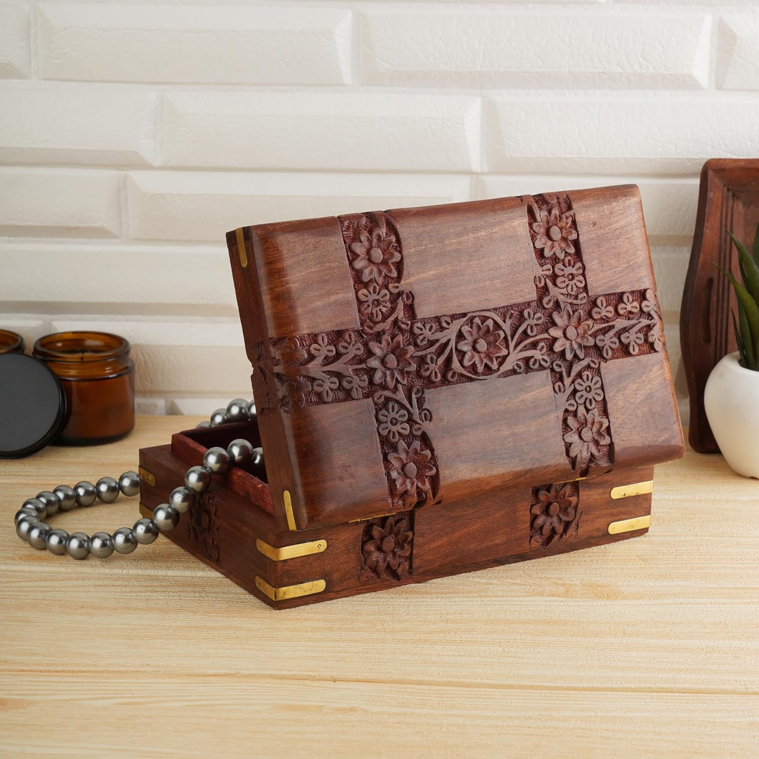 Ajuny Boîte de Rangement Bijoux en Bois Sculpté à la Main - Organisateur Décoratif 20x12,7x6,4 cm - visuel 4