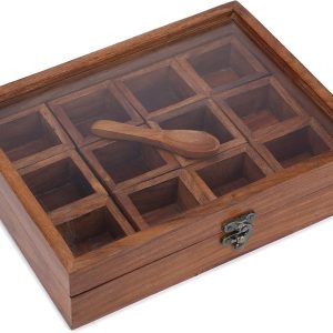 Ajuny Boîte à épices en bois avec 12 compartiments et couvercle en verre