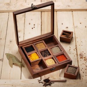 Ajuny Boîte à épices en bois avec 9 compartiments et couvercle en verre