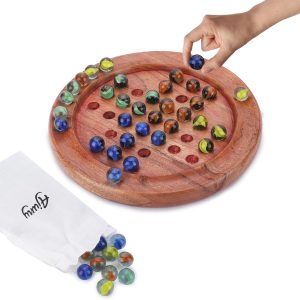 Ajuny Jeu de solitaire en bois rond avec billes multicolores