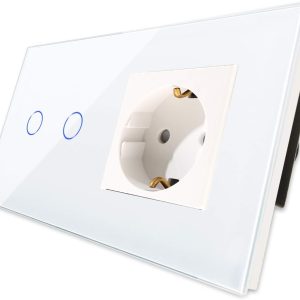 Interrupteur tactile CNBINGO avec gradateur 1 pôle, verre trempé blanc, rétroéclairage LED, 2 compartiments, 240V 700W, prise Schuko, montage encastré