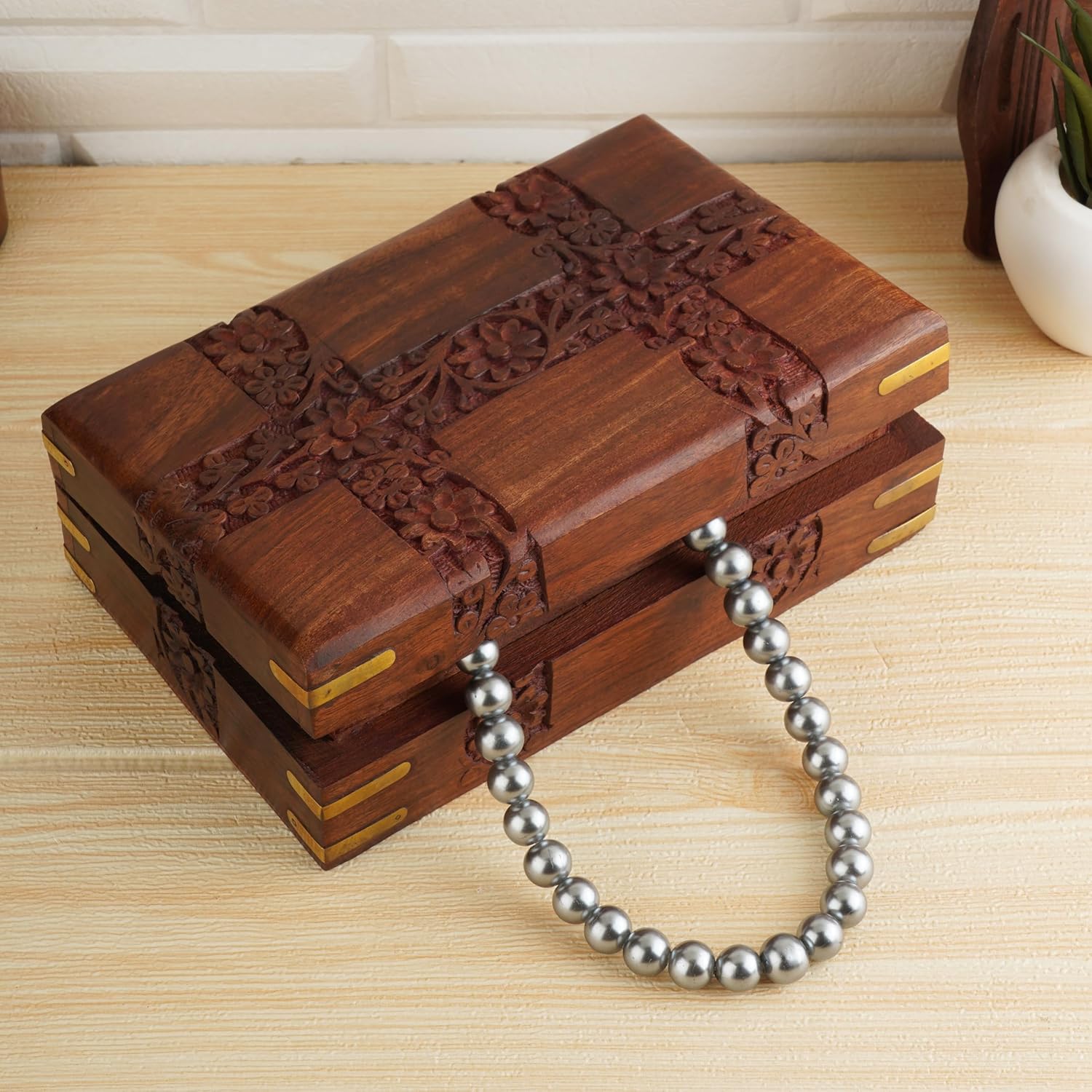 Ajuny Boîte de Rangement Bijoux en Bois Sculpté à la Main - Organisateur Décoratif 20x12,7x6,4 cm - visuel 5