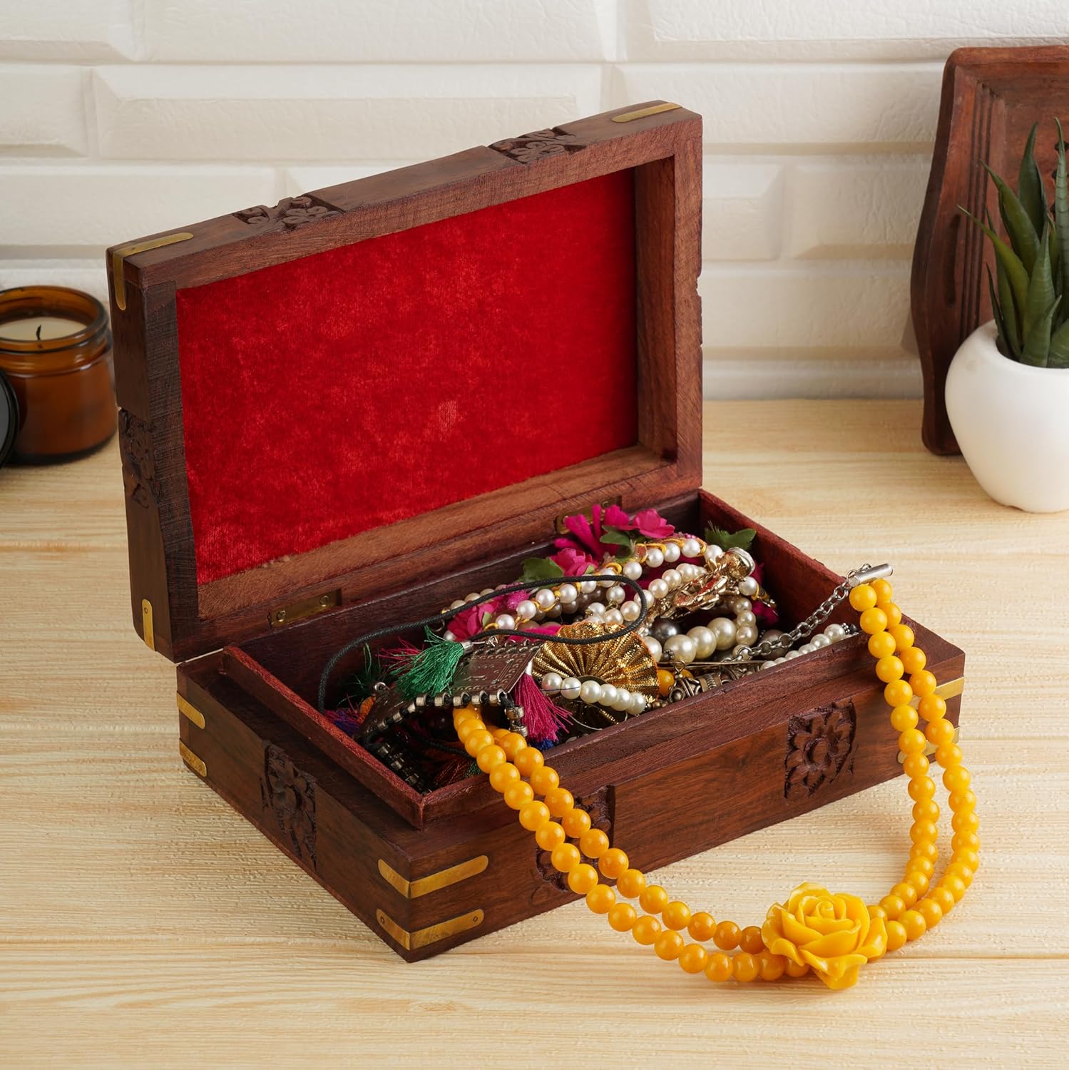 Ajuny Boîte de Rangement Bijoux en Bois Sculpté à la Main - Organisateur Décoratif 20x12,7x6,4 cm - visuel 2