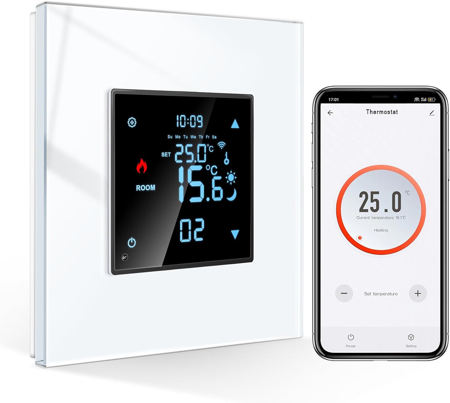 CNBINGO Termostato inteligente empotrable Wi-Fi con ventana de cristal – Compatible con Alexa y Google Assistant – 16 A – blancoooo