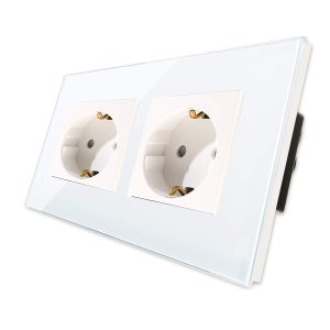 CNBINGO Douille Double 16A avec Plaque en Verre Durci Blanc, Protection Enfant, Matériau Ignifuge, Prise Schuko Standard