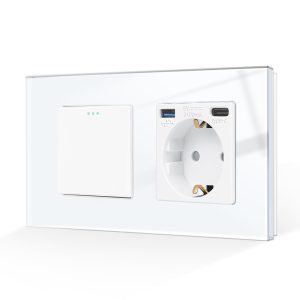CNBINGO Interrupteur à bascule avec prise Schuko et ports USB Type-A et Type-C intégrés, verre trempé, blanc, encastrable