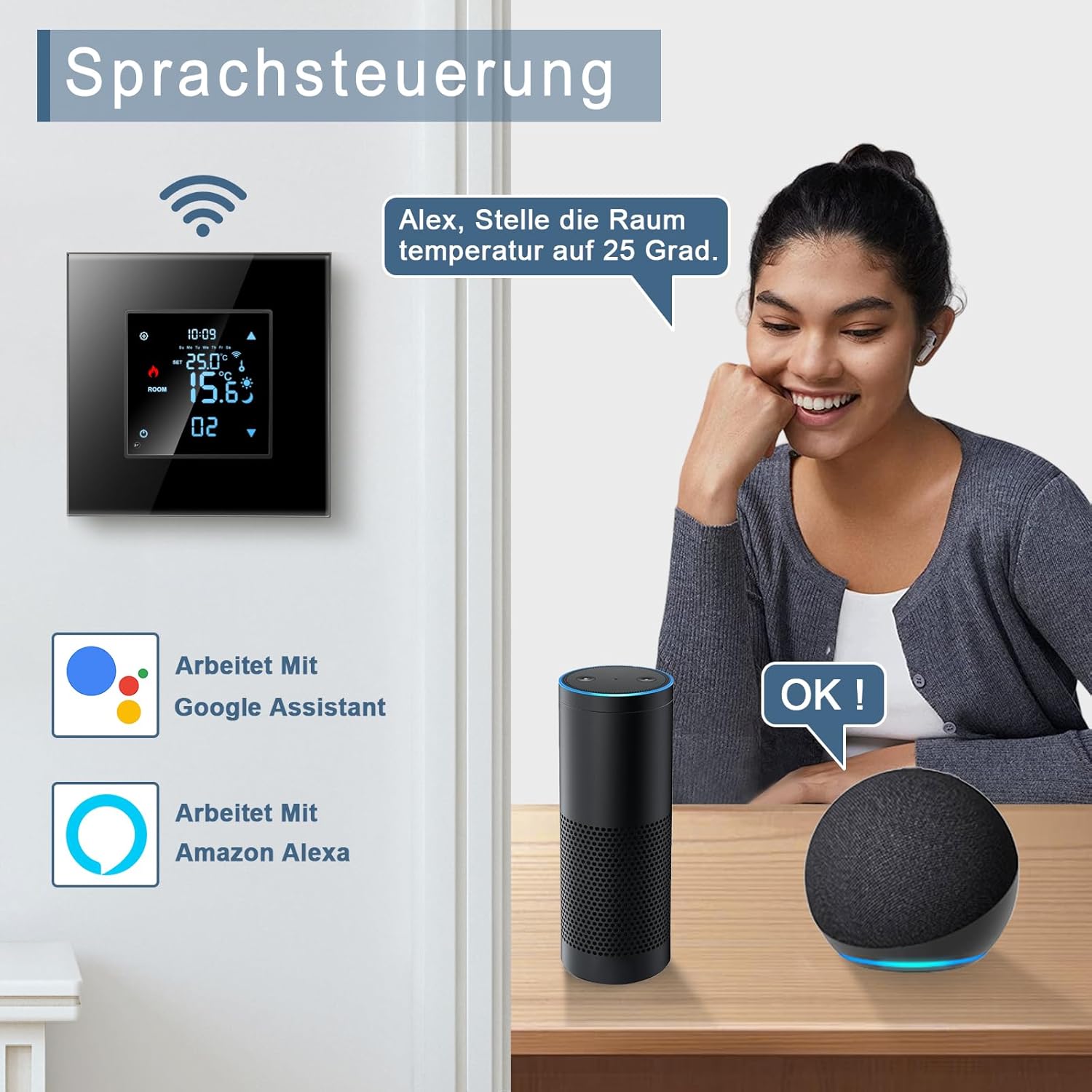 CNBINGO Thermostat intelligent encastré Wi-Fi avec vitre en verre cristal - Compatible Alexa et Google Assistant - 16 A - Blanc - visuel 6