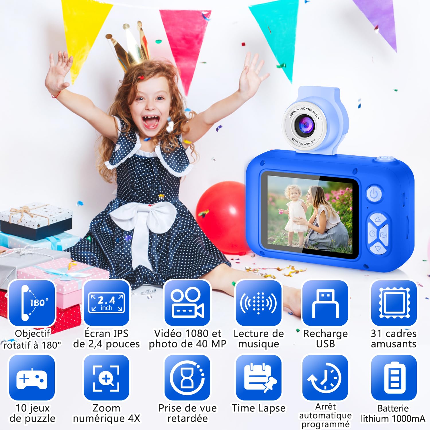 Appareil photo enfant ARNSSIEN X101 bleu vif reconditionné contenu