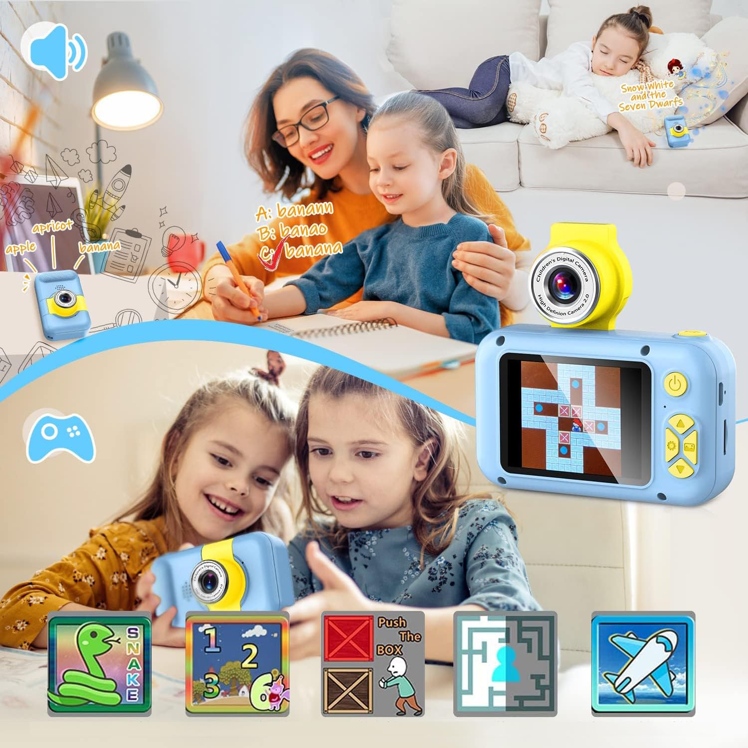 Appareil photo enfant ARNSSIEN X101 jaune reconditionné fonctions