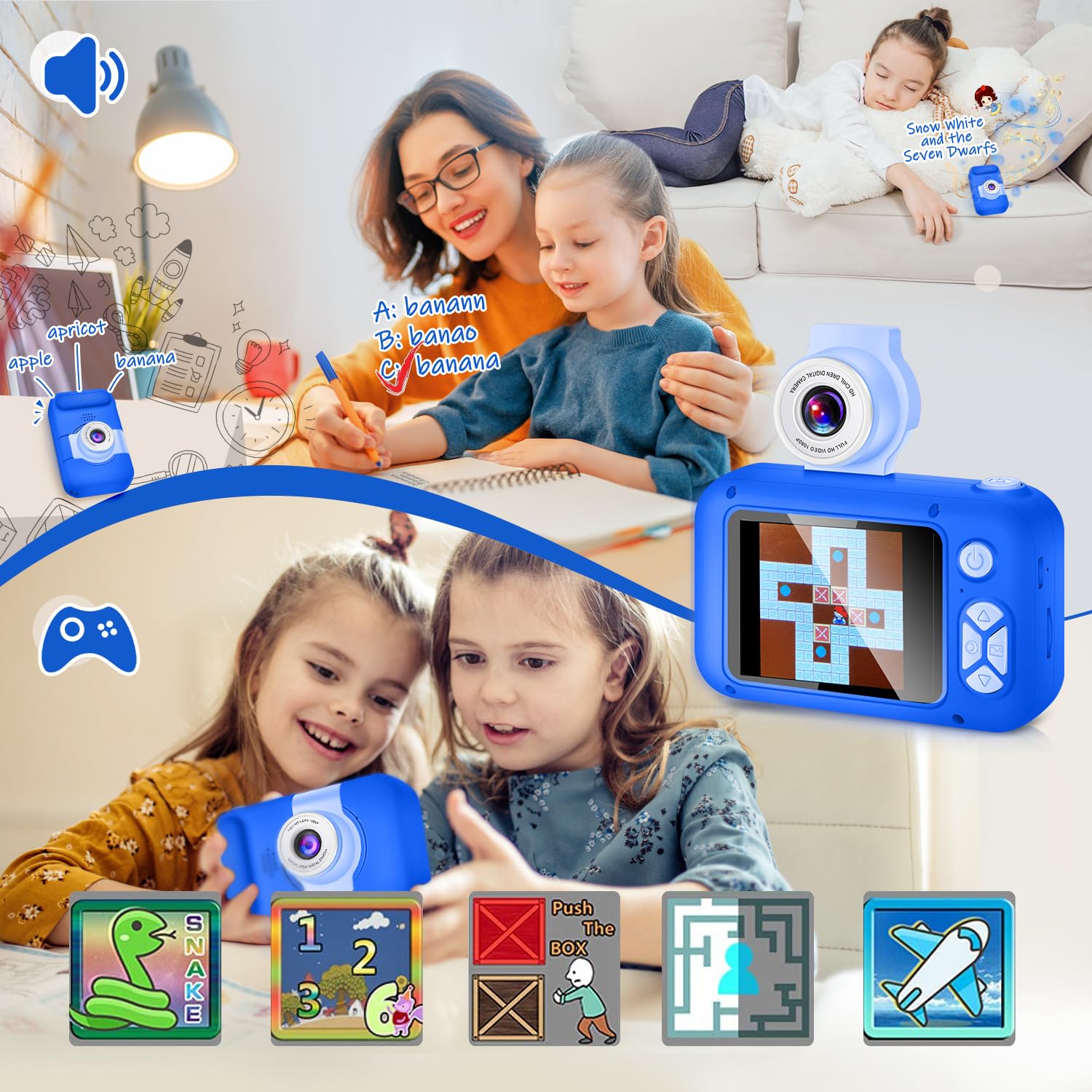 Appareil photo enfant ARNSSIEN X101 bleu vif reconditionné fonctions