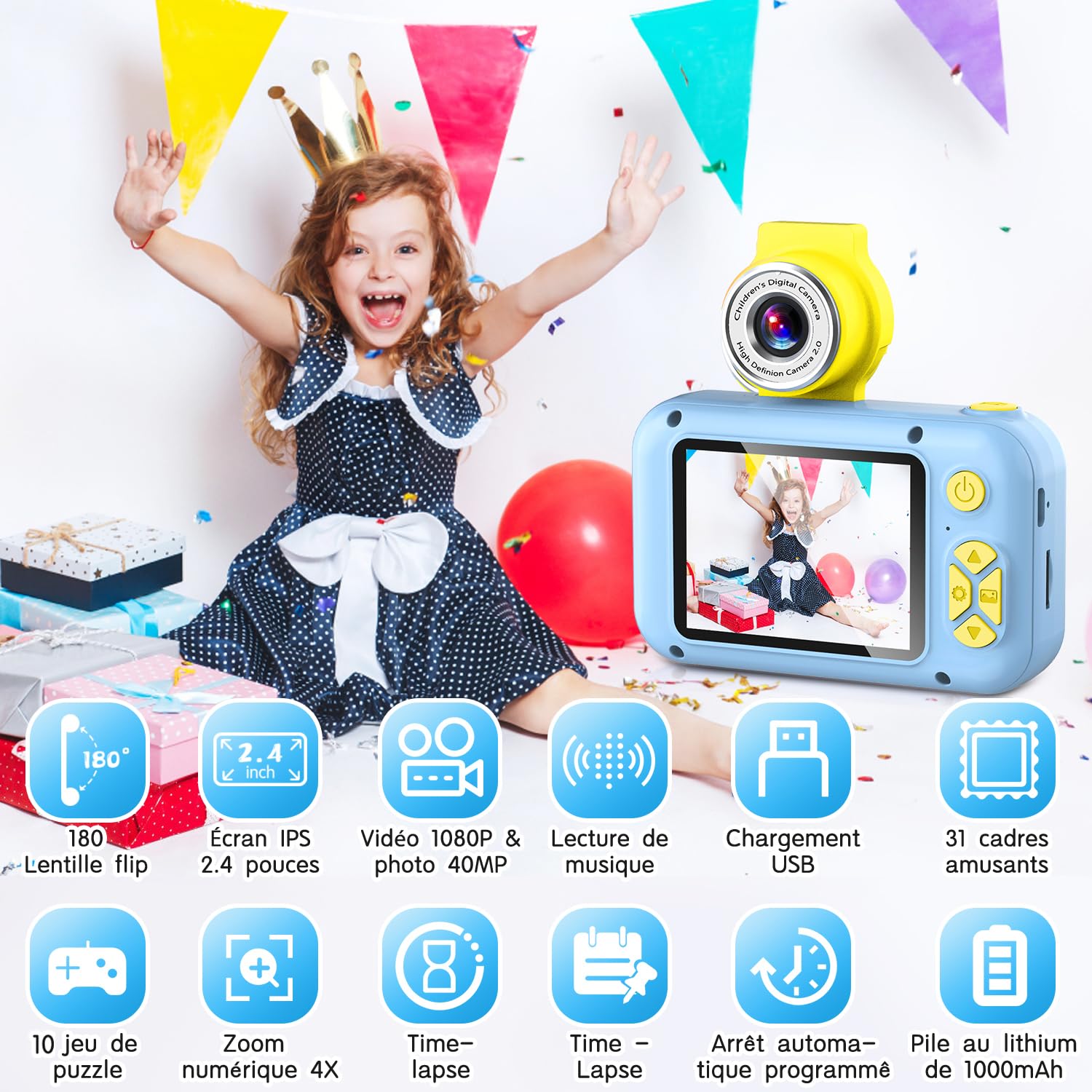 Appareil photo enfant ARNSSIEN X101 jaune reconditionné contenu