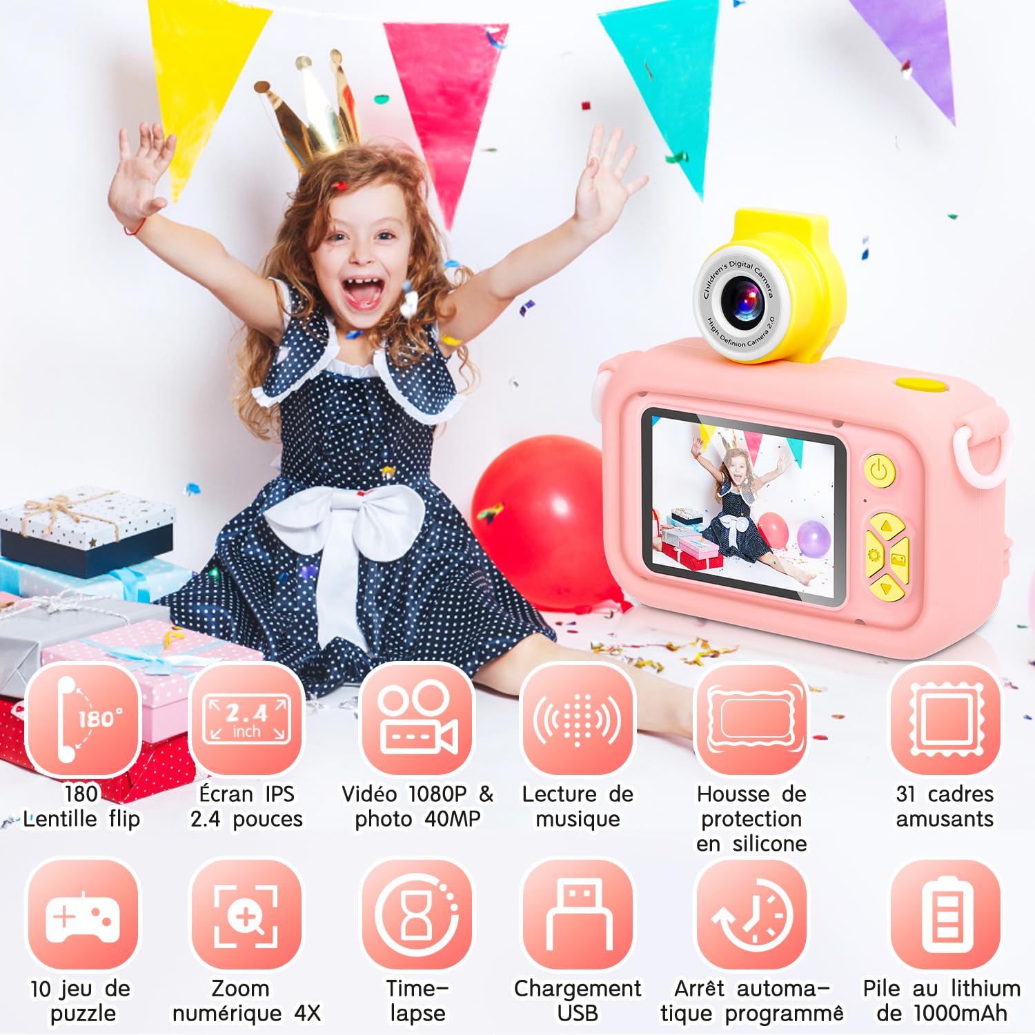 Appareil photo enfant ARNSSIEN X101 rose reconditionné contenu