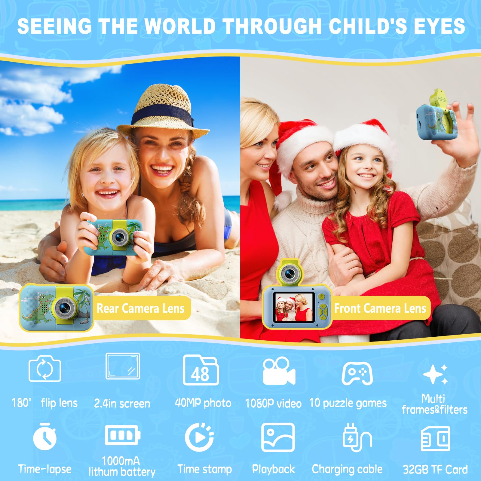 Appareil photo enfant ARNSSIEN X101H bleu vert reconditionné contenu