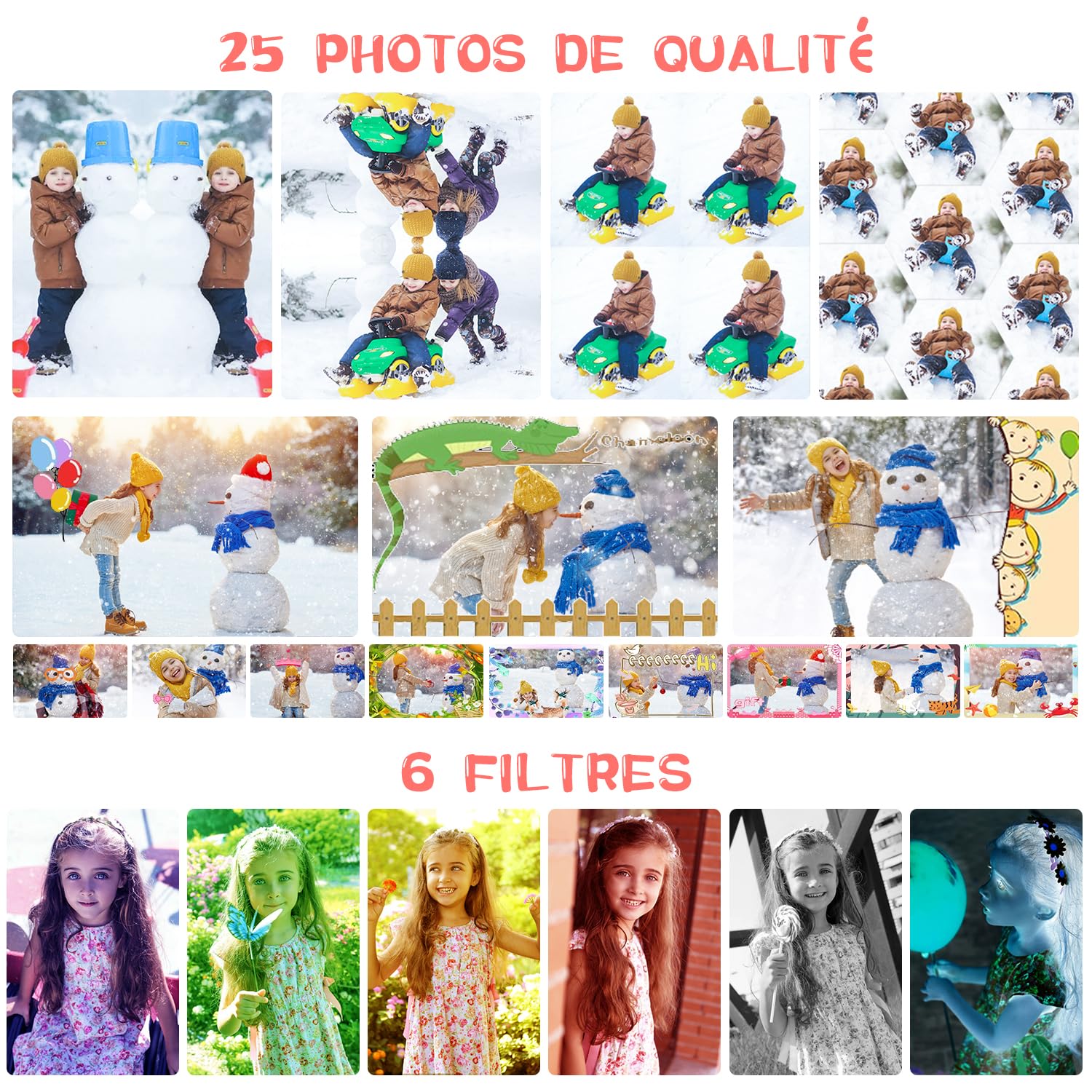 Appareil photo enfant ARNSSIEN X101 rose reconditionné fonctions