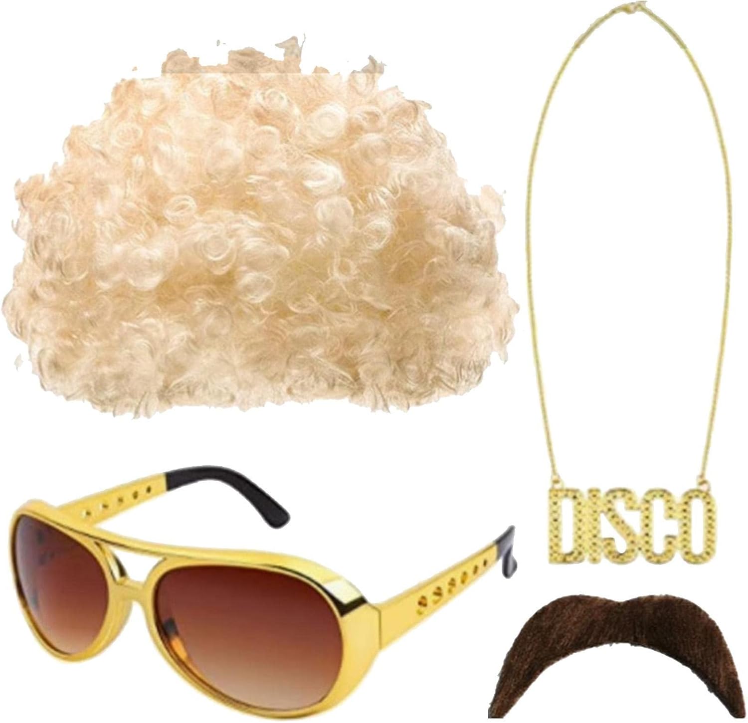 Kit deguisement disco blond avec perruque, lunettes, moustache et collier - visuel complémentaire