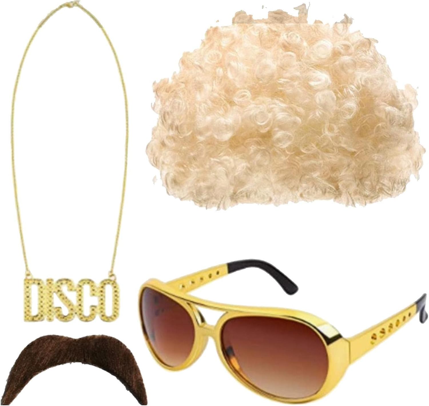 Kit deguisement disco blond avec perruque, lunettes, moustache et collier - visuel complémentaire