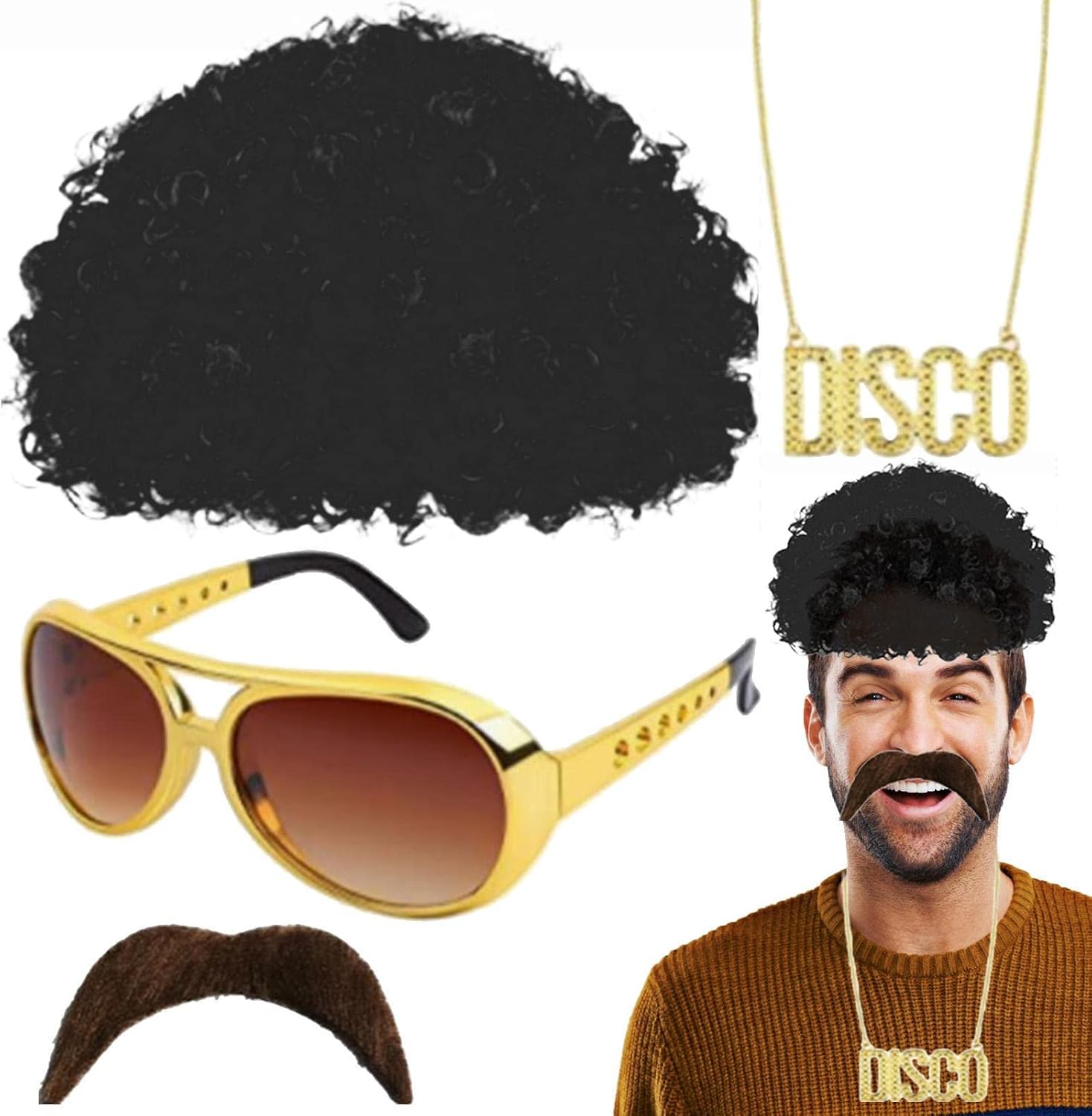 Kit deguisement disco blond avec perruque, lunettes, moustache et collier - visuel complémentaire
