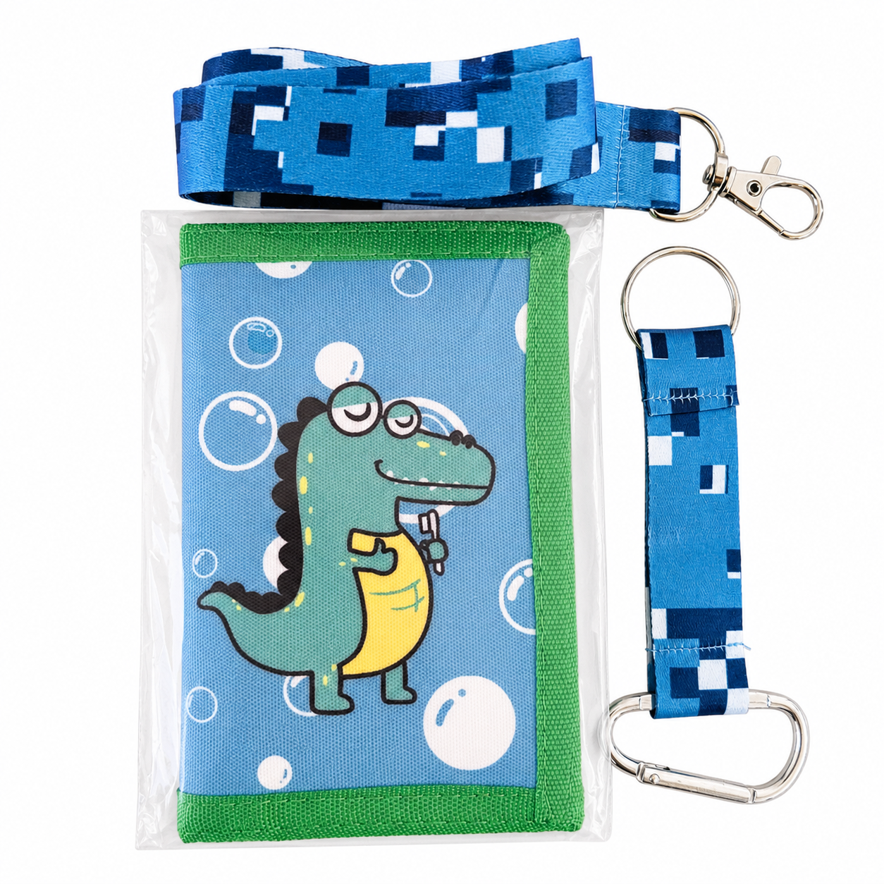 Cartera infantil dinosaurio con cinta de cuello azul